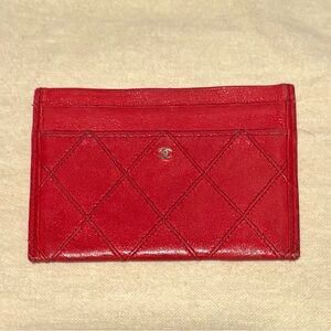 Authentic CHANEL Red Quilted Lambskin Leather Card Holder
